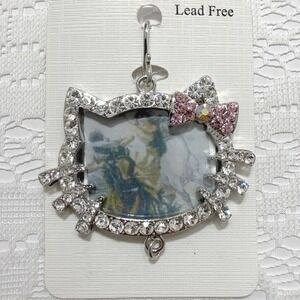 Hello Kitty Pendant Photo Frame Charm Rhinestone Bow Pink Silver